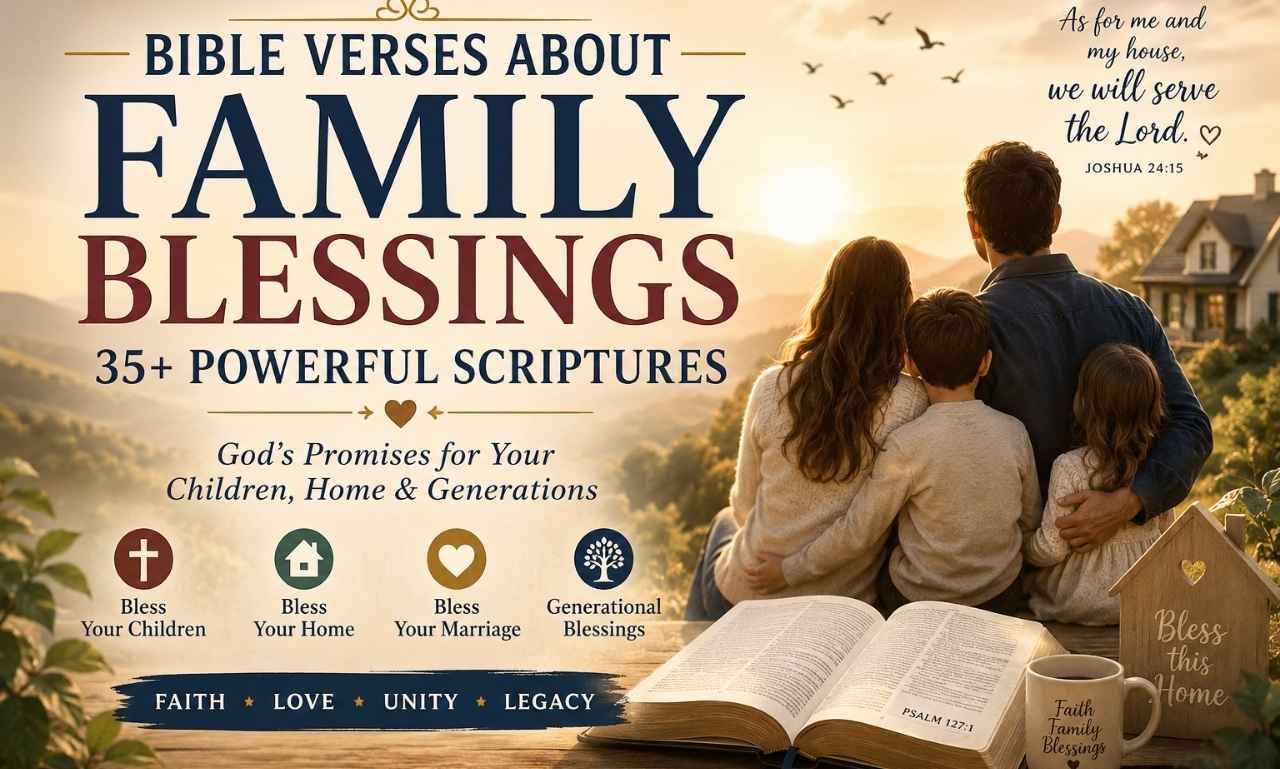 Bible verses about family blessings featured image showing a family watching the sunset beside an open Bible, symbolizing faith, love, unity, marriage, children, and God's blessings for the home.