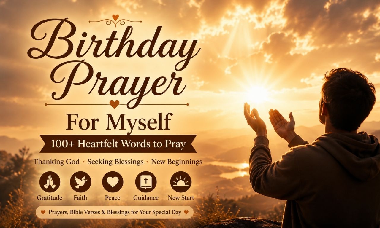 Birthday Prayer for Myself feature image with golden sunrise, praying hands, and inspiring Christian faith theme.