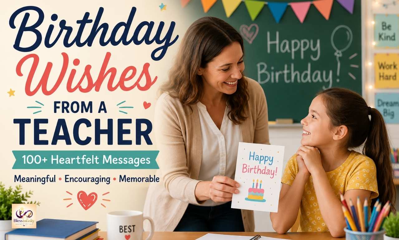 Teacher smiling and handing a birthday card to a student sitting at their desk in a classroom