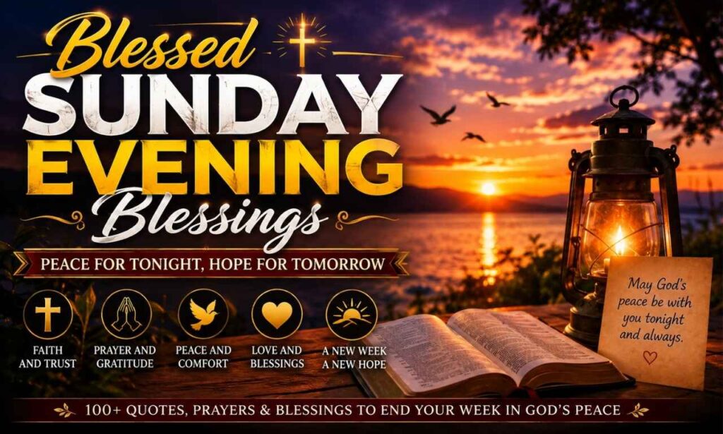 Blessed Sunday evening quote with coffee, flowers, and a peaceful sunset background.