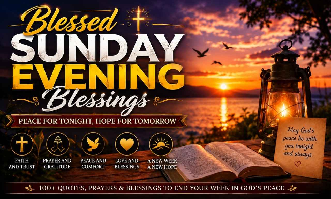Blessed Sunday evening quote with coffee, flowers, and a peaceful sunset background.