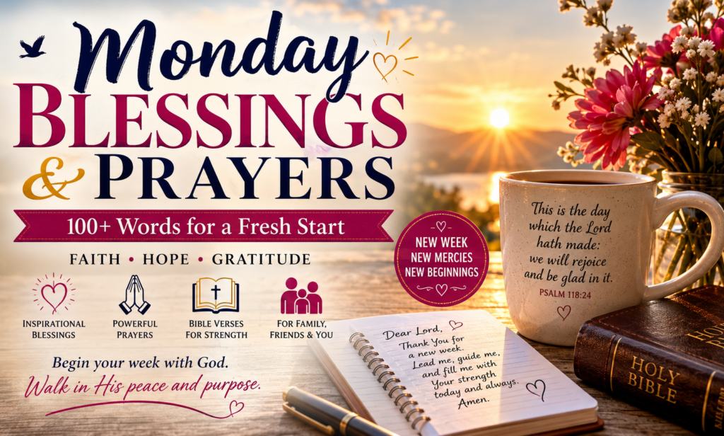 Monday blessings and prayers feature image with sunrise, coffee mug, open Bible, journal, and inspirational message for a fresh start to the week.
