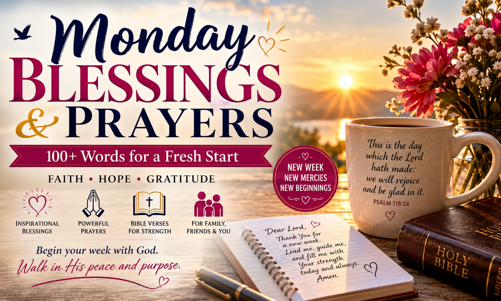 Monday blessings and prayers feature image with sunrise, coffee mug, open Bible, journal, and inspirational message for a fresh start to the week.