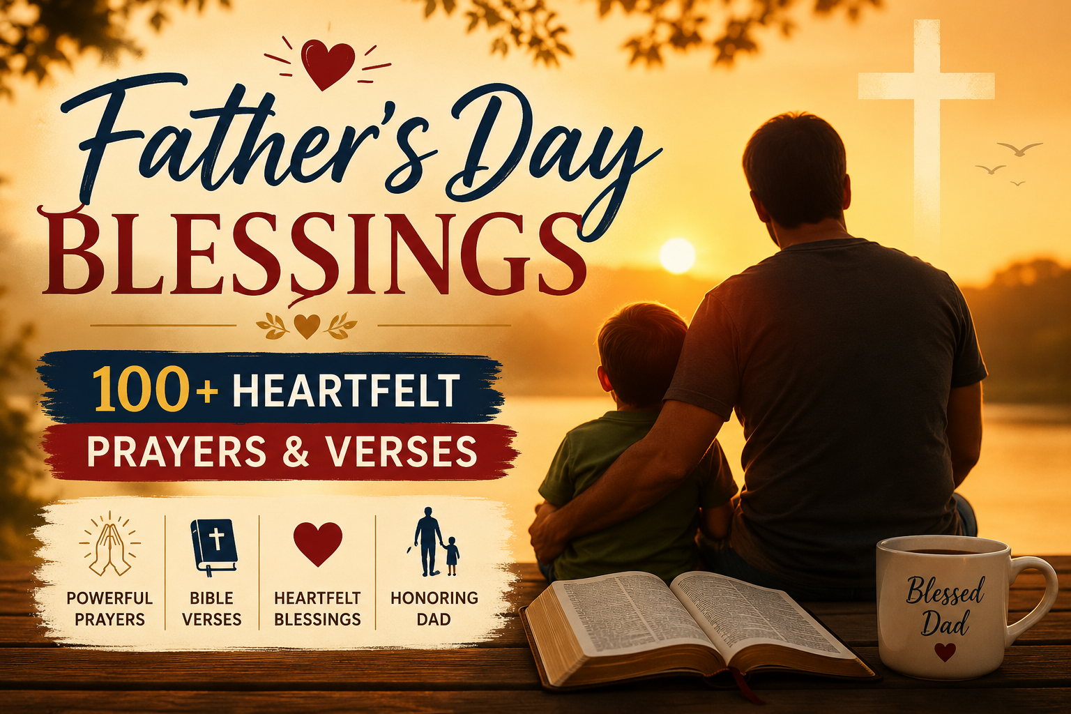 Heartwarming Father's Day blessings illustration showing a father walking hand in hand with his children at sunset, symbolizing love, faith, gratitude, and family togetherness.