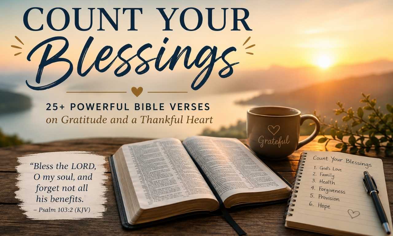 Count Your Blessings Scripture featured image with an open Bible, gratitude journal, coffee mug, sunrise, and Psalm 103:2 inspiring thankfulness and faith.