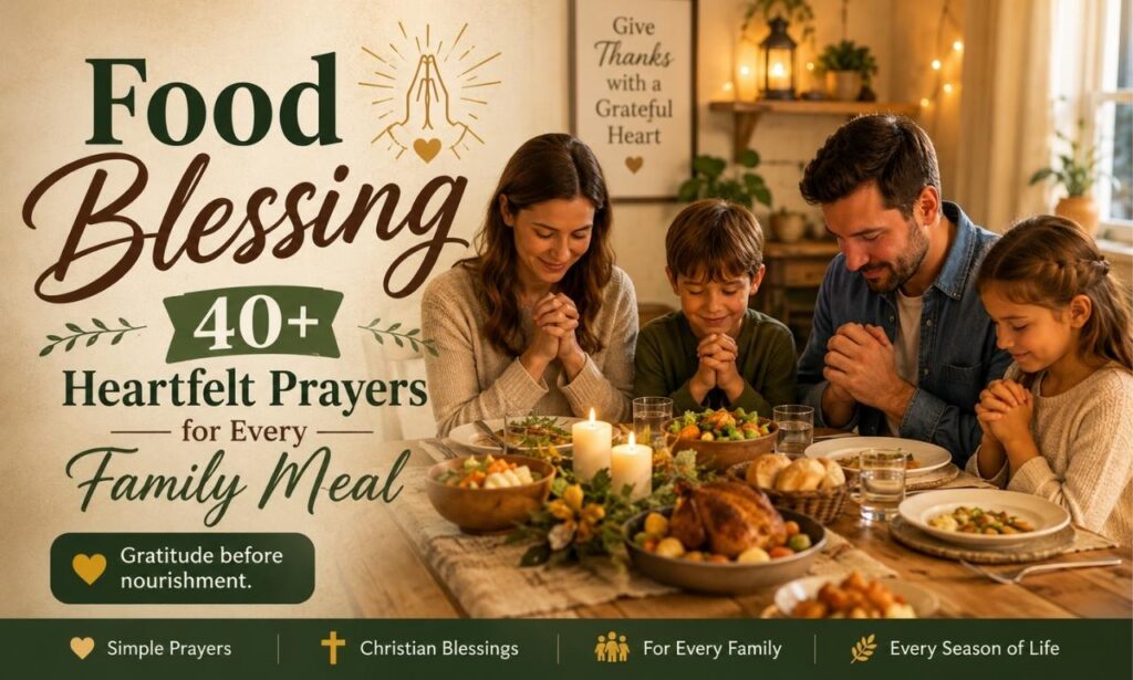 "Family holding hands and saying a food blessing together before a home-cooked meal"