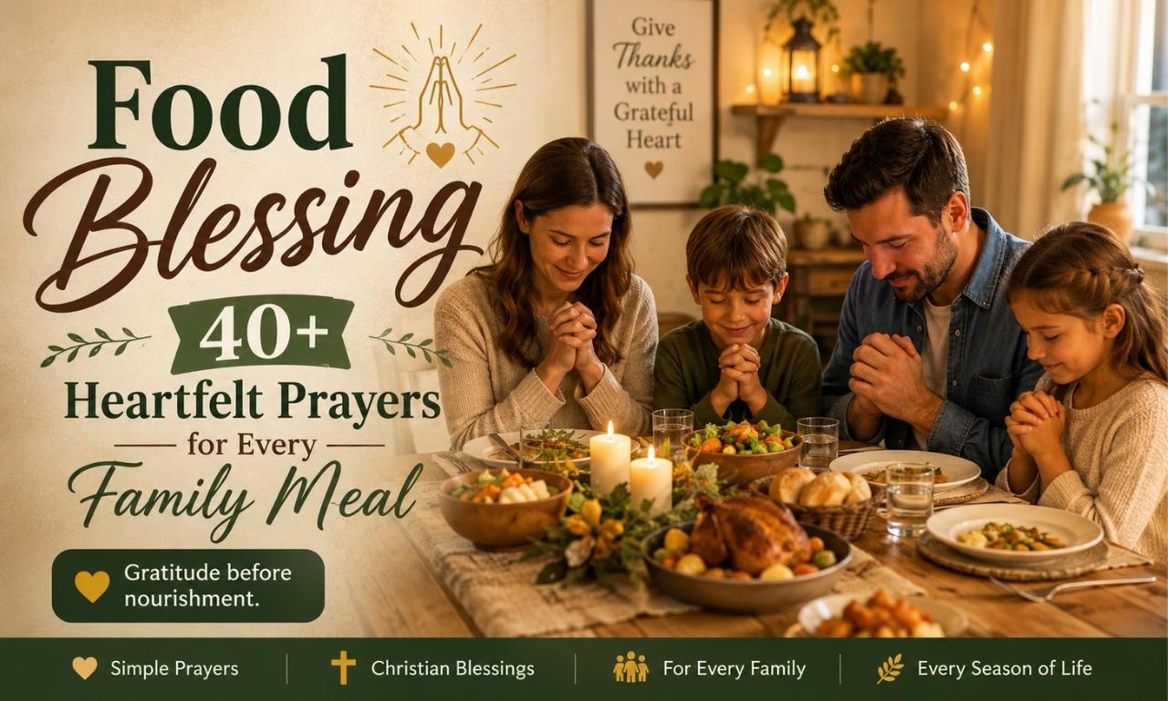 "Family holding hands and saying a food blessing together before a home-cooked meal"