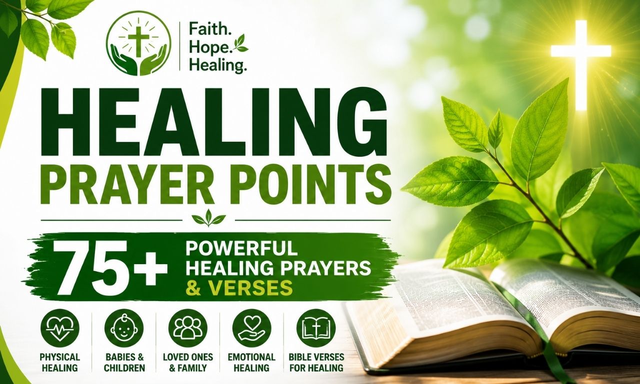 "Healing Prayer Points feature image with an open Bible, green leaves, a glowing cross, and the title 'Healing Prayer Points: 75+ Powerful Healing Prayers & Verses' in a peaceful green design."