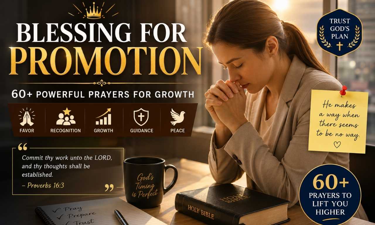 Blessing for promotion feature image showing a professional praying for career growth, workplace favor, wisdom, and promotion from God.