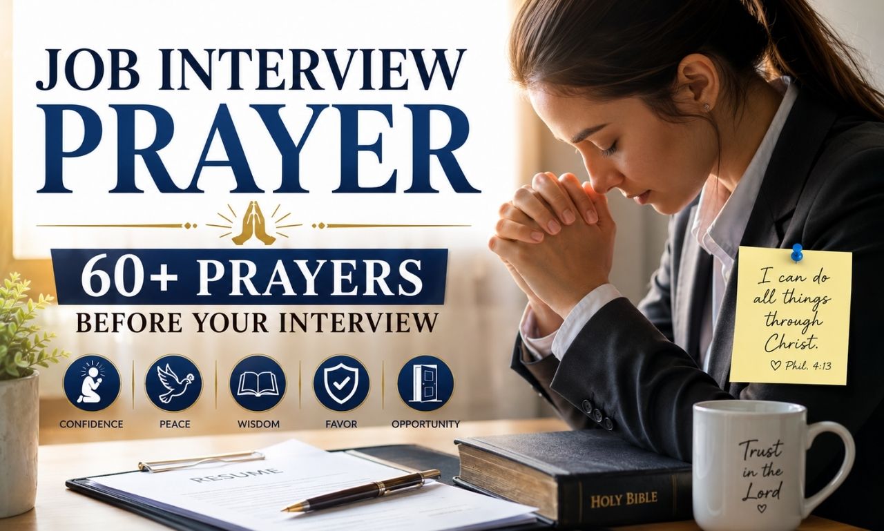 Job interview prayer feature image showing a professional praying before an interview with a resume, Bible, and symbols of confidence, wisdom, favor, and employment success.