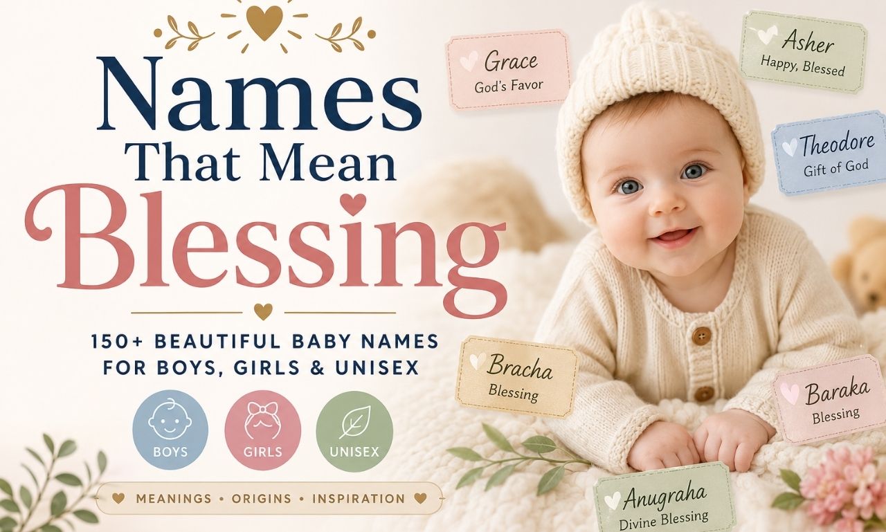 Smiling baby with names that mean blessing for boys, girls, and unisex babies.