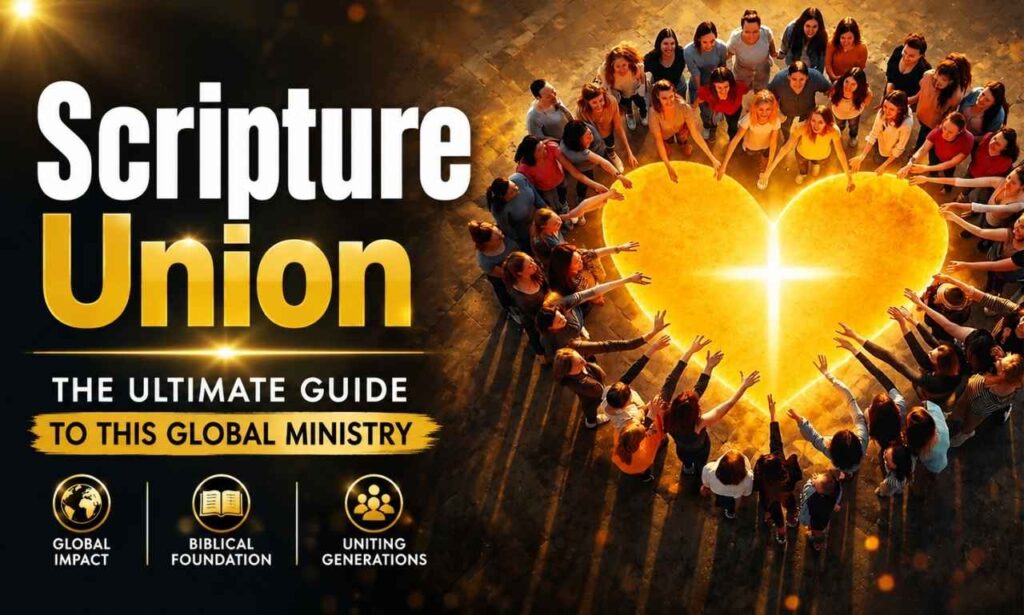 People gathered in the shape of a heart, symbolizing unity, faith, and Christian fellowship, representing the global mission of Scripture Union.
