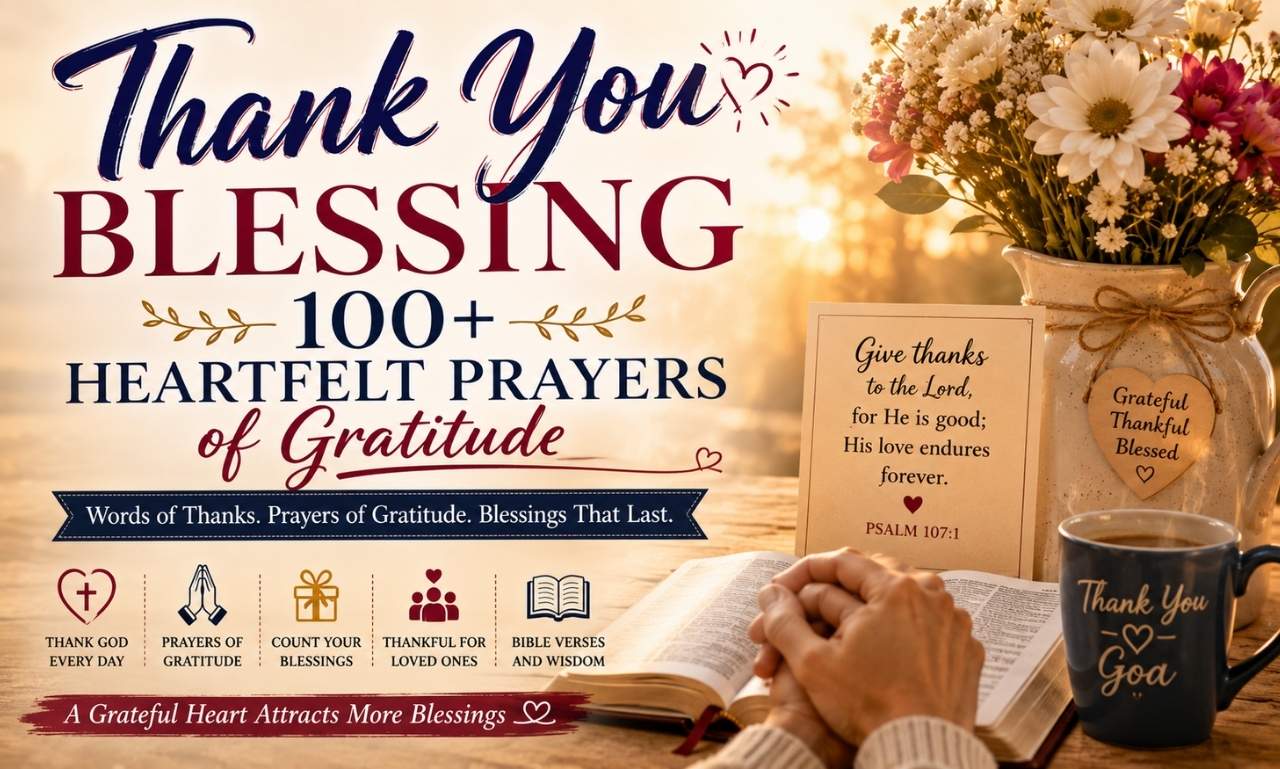 "Thank You Blessing with heartfelt prayers of gratitude, Bible, candle, flowers, and peaceful background."