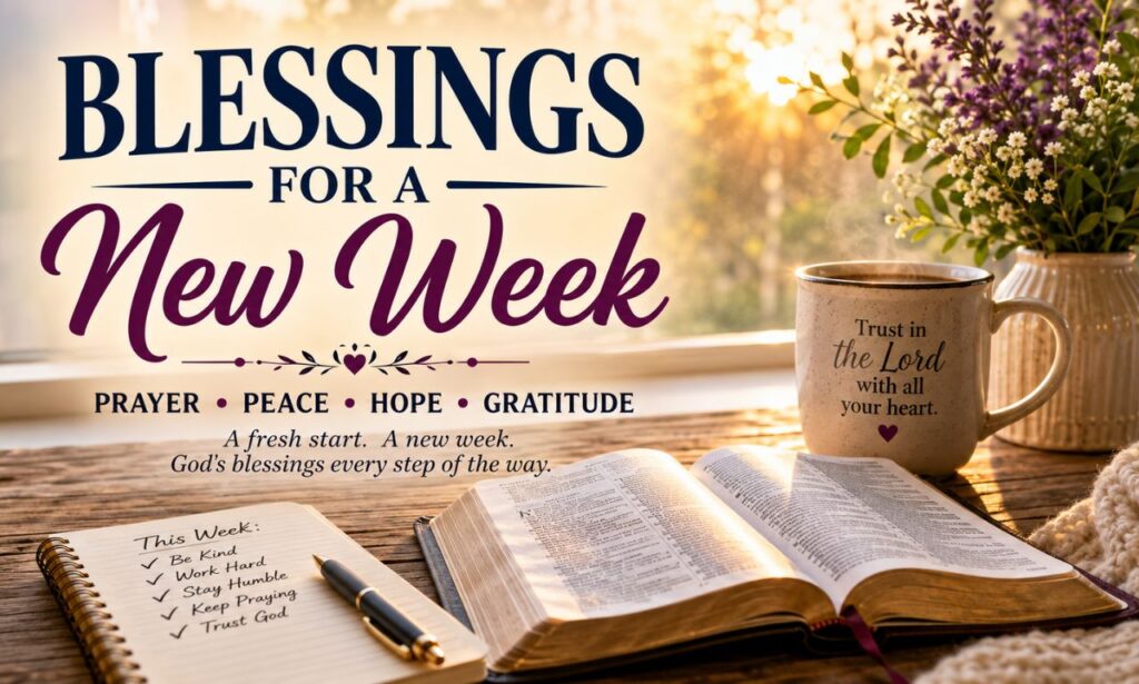 “God Bless You, Have a Great Week” inspirational greeting with pink and purple rays and decorative white flourishes.