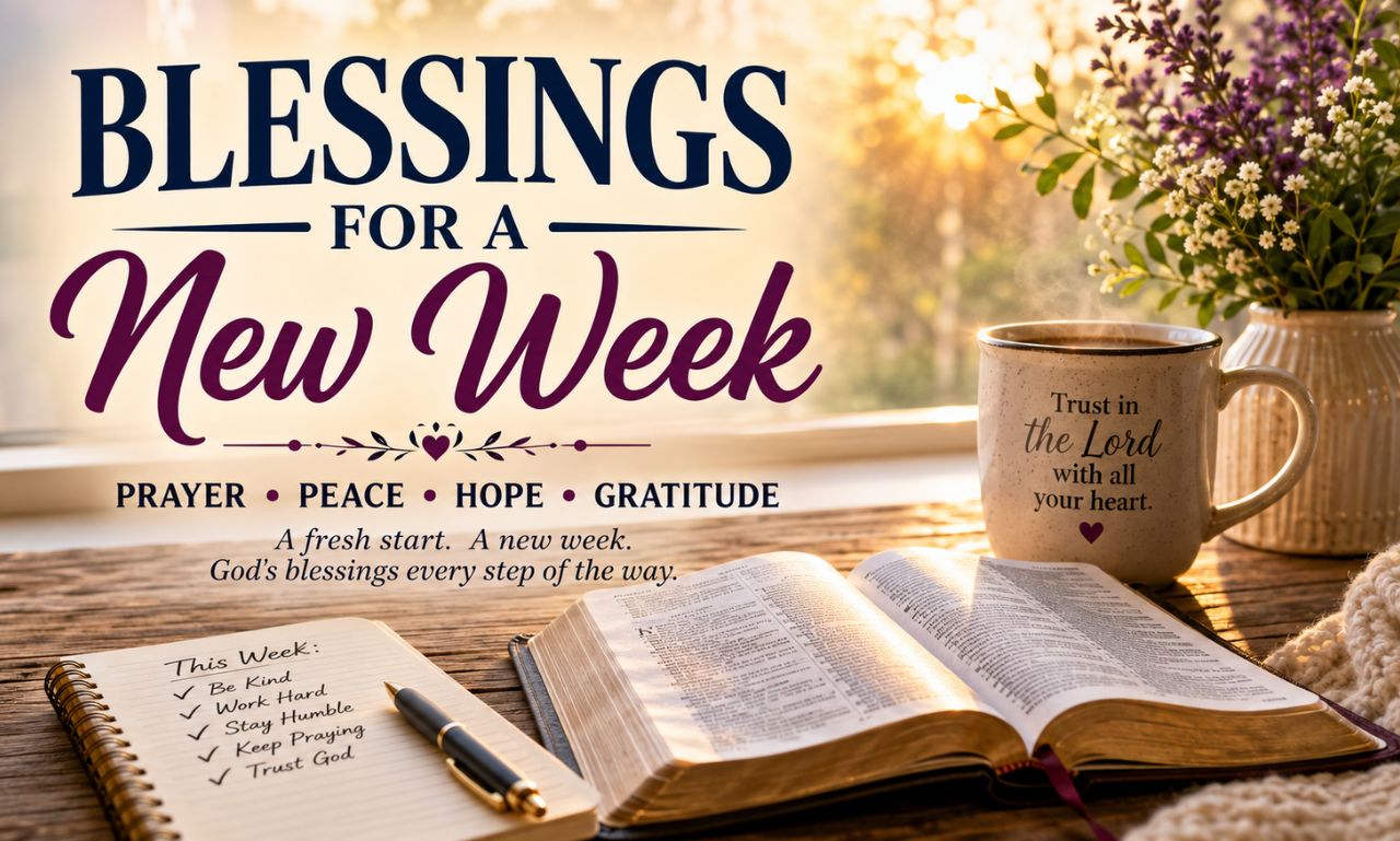 “God Bless You, Have a Great Week” inspirational greeting with pink and purple rays and decorative white flourishes.