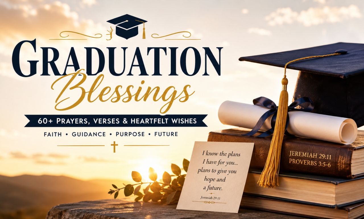 Graduation blessings with a cap, diploma, Bible verses, and prayers for guidance, faith, and a bright future.