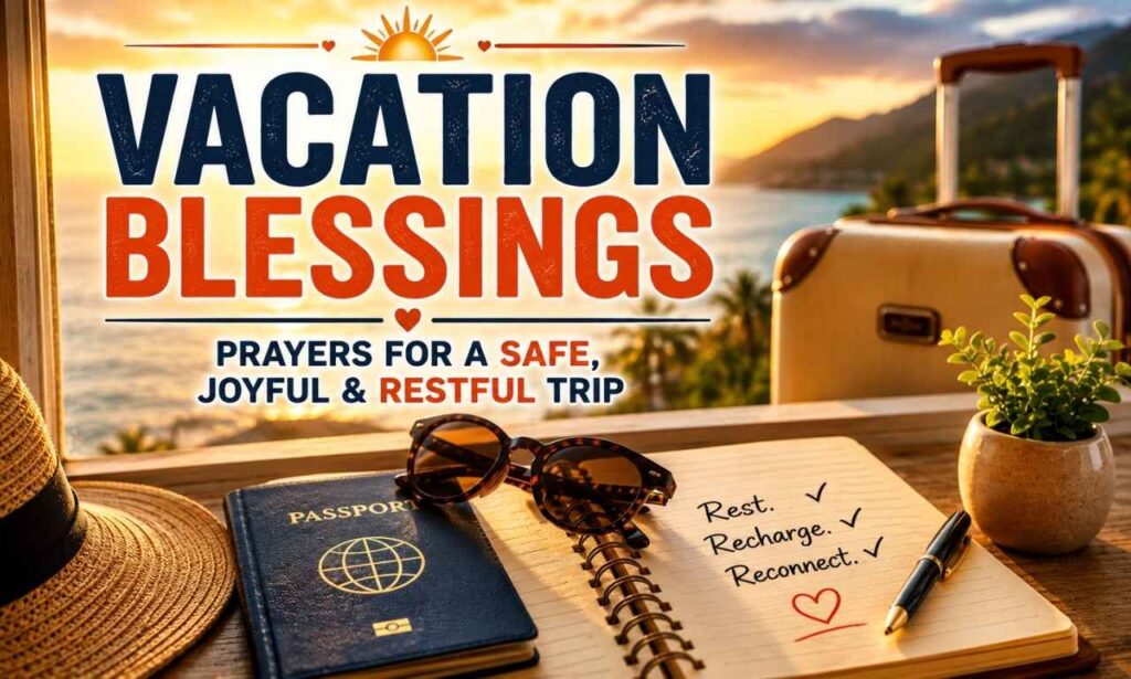 Vacation blessings featuring a passport, sunglasses, journal, and suitcase in warm morning light symbolizing peaceful travel and God's protection.