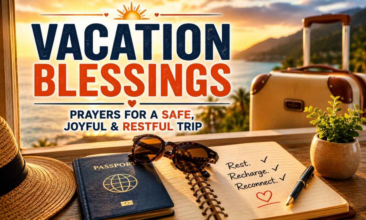 Vacation blessings featuring a passport, sunglasses, journal, and suitcase in warm morning light symbolizing peaceful travel and God's protection.